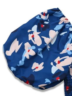 Outlet Retro Stage 1940s Floral Puff Sleeves Off-Shoulder Dress Blue