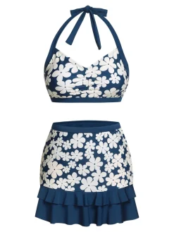Best Retro Stage Blue 1940s Floral Ruffles Halter Swimsuit Navy Blue