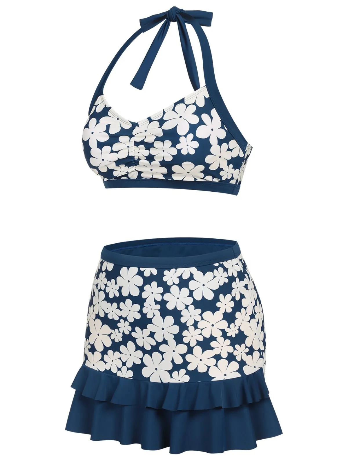 Best Retro Stage Blue 1940s Floral Ruffles Halter Swimsuit Navy Blue