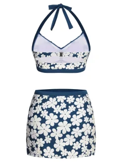 Best Retro Stage Blue 1940s Floral Ruffles Halter Swimsuit Navy Blue