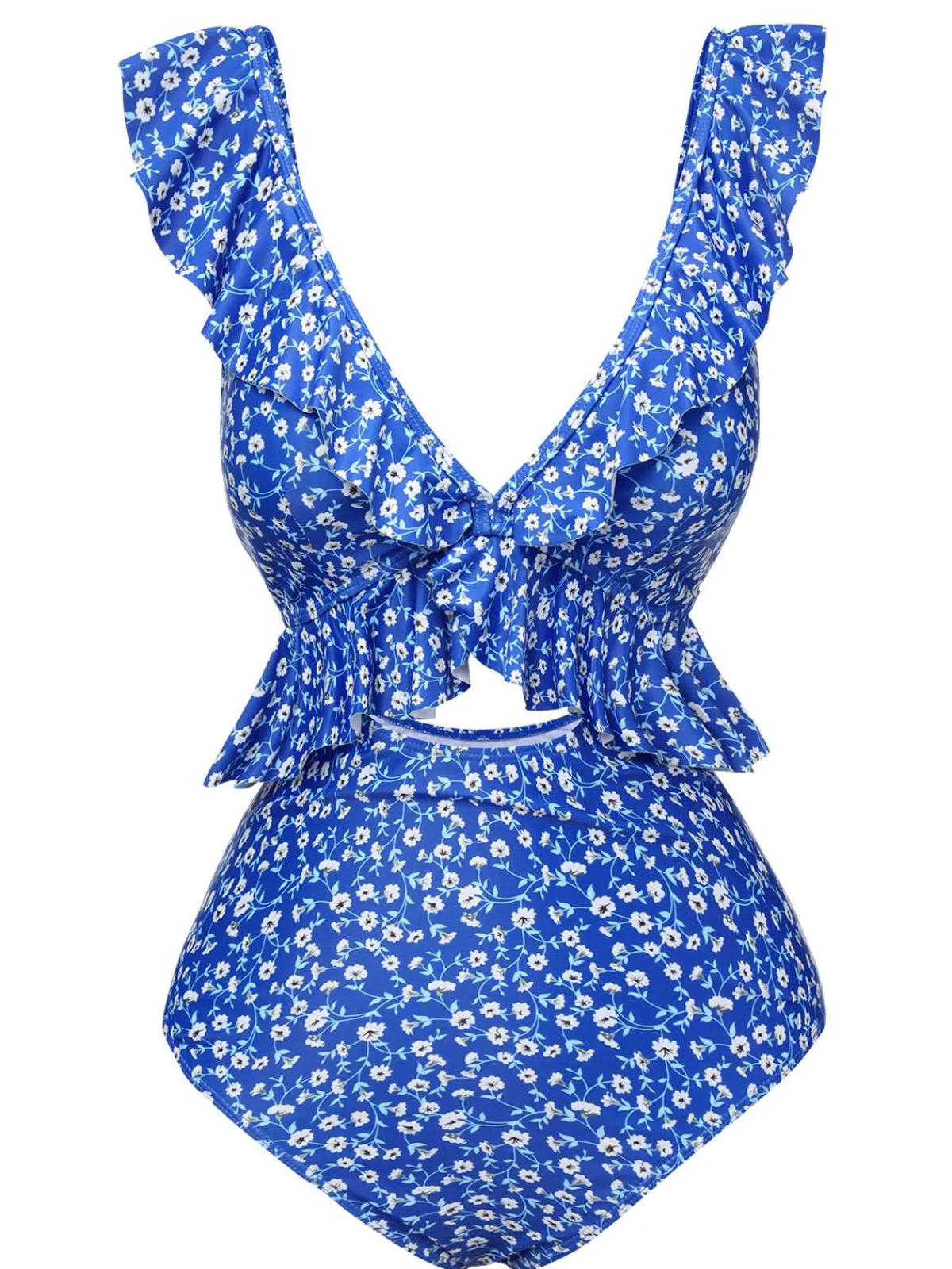 Best Retro Stage 1950s Floral Ruffles One-Piece Swimsuit Blue