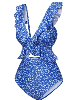 Best Retro Stage 1950s Floral Ruffles One-Piece Swimsuit Blue