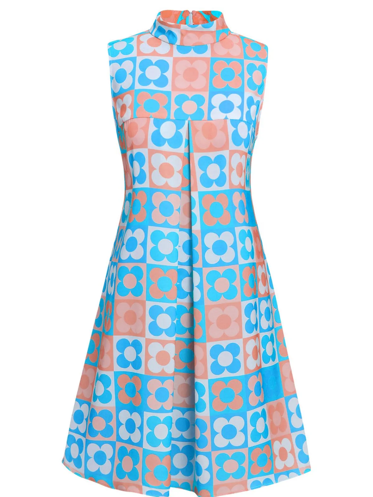 Best Retro Stage Blue 1960s Floral Stand Collar Dress