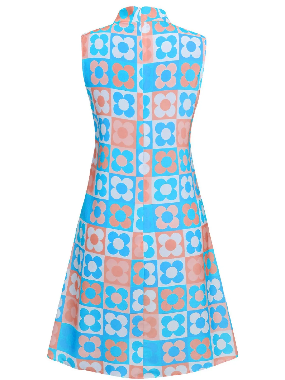 Best Retro Stage Blue 1960s Floral Stand Collar Dress
