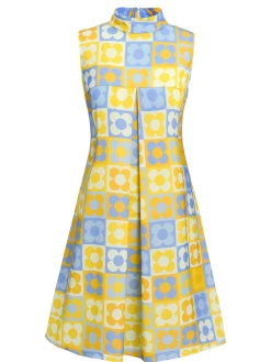 Best Retro Stage Blue 1960s Floral Stand Collar Dress