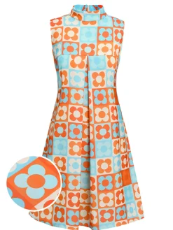Best Retro Stage Blue 1960s Floral Stand Collar Dress