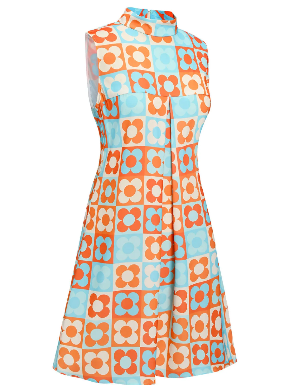 Best Retro Stage Blue 1960s Floral Stand Collar Dress