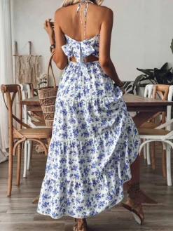 Best Retro Stage 1930s Floral Tie Back Tiered Maxi Dress Blue
