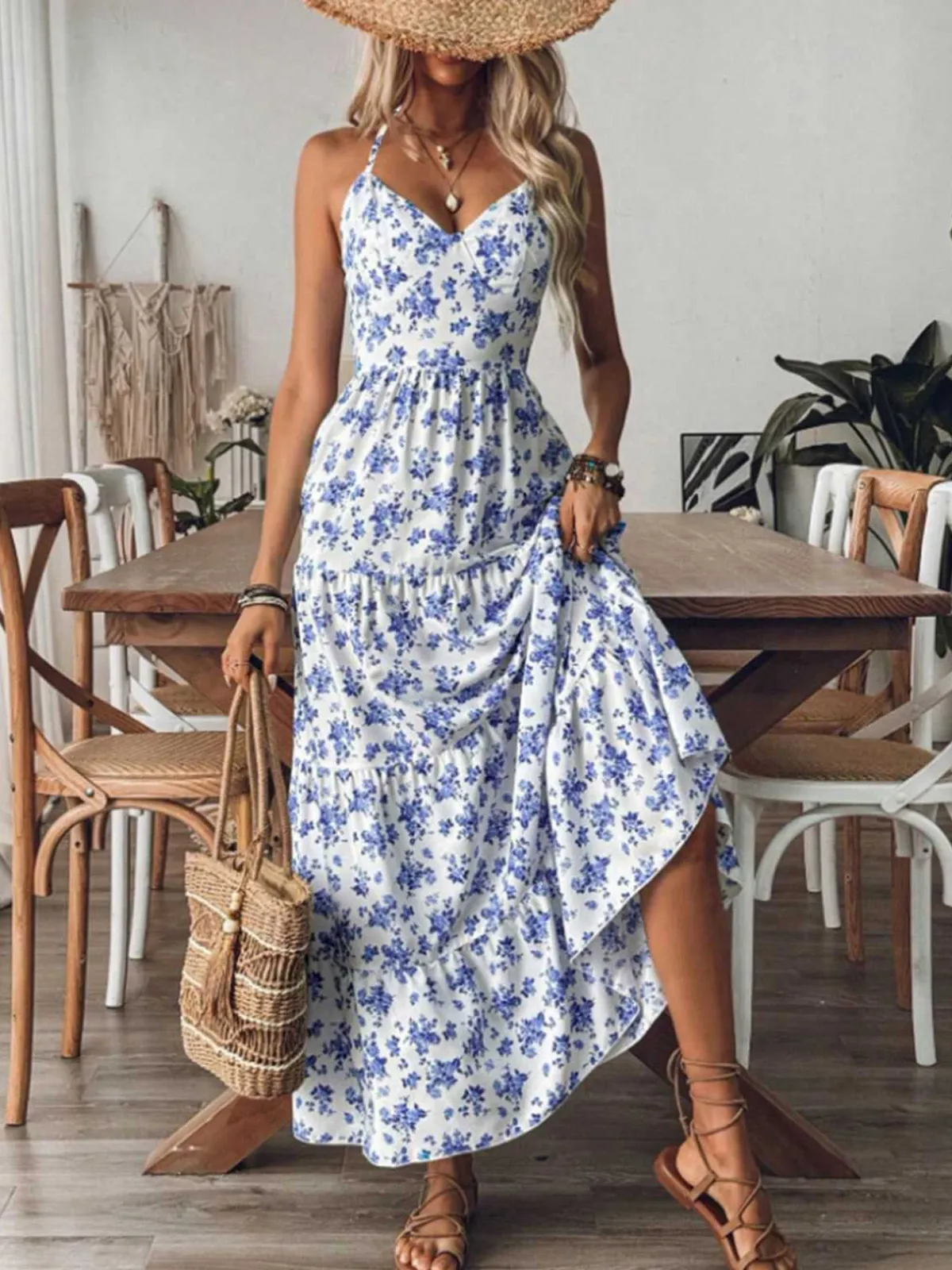 Best Retro Stage 1930s Floral Tie Back Tiered Maxi Dress Blue
