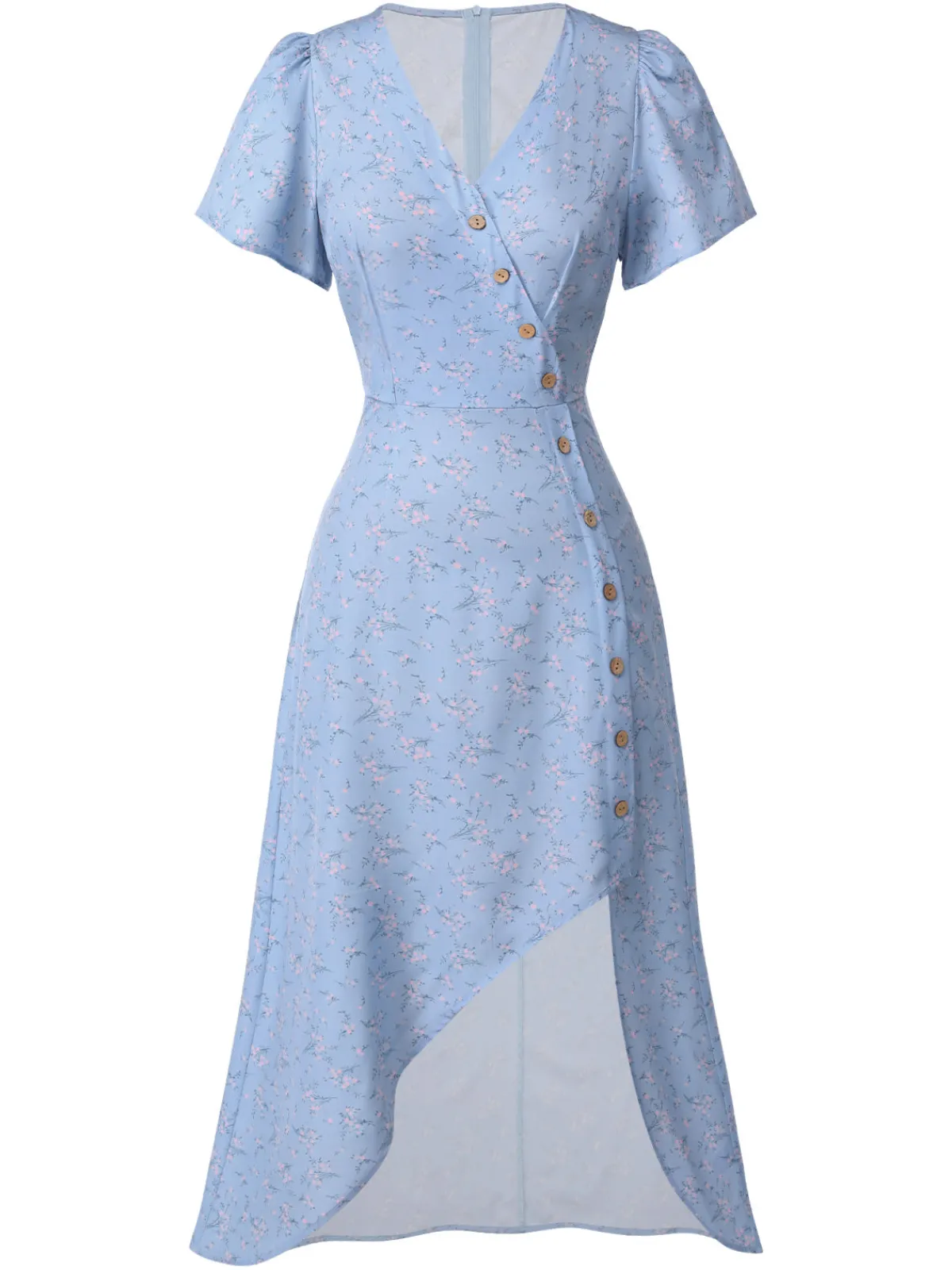 Clearance Retro Stage Blue 1940s Floral V-Neck Added Button Dress