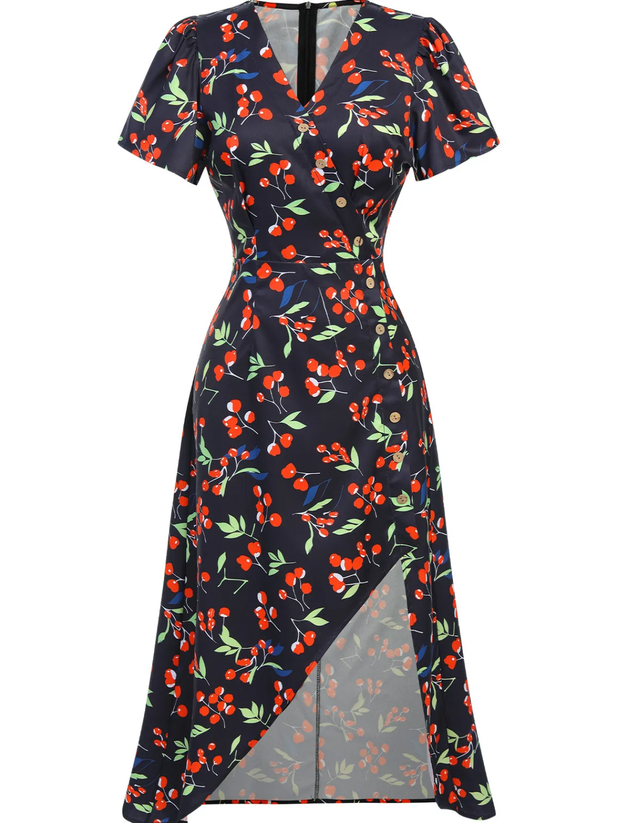 Clearance Retro Stage Blue 1940s Floral V-Neck Added Button Dress