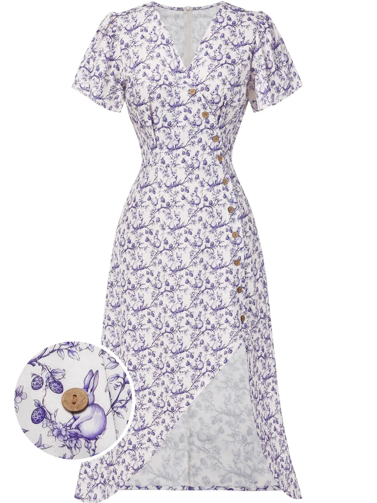 Clearance Retro Stage Blue 1940s Floral V-Neck Added Button Dress