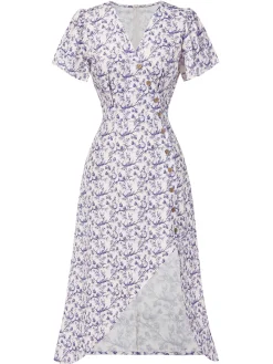 Clearance Retro Stage Blue 1940s Floral V-Neck Added Button Dress