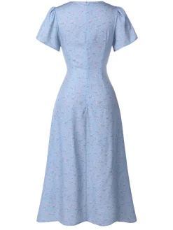 Clearance Retro Stage Blue 1940s Floral V-Neck Added Button Dress