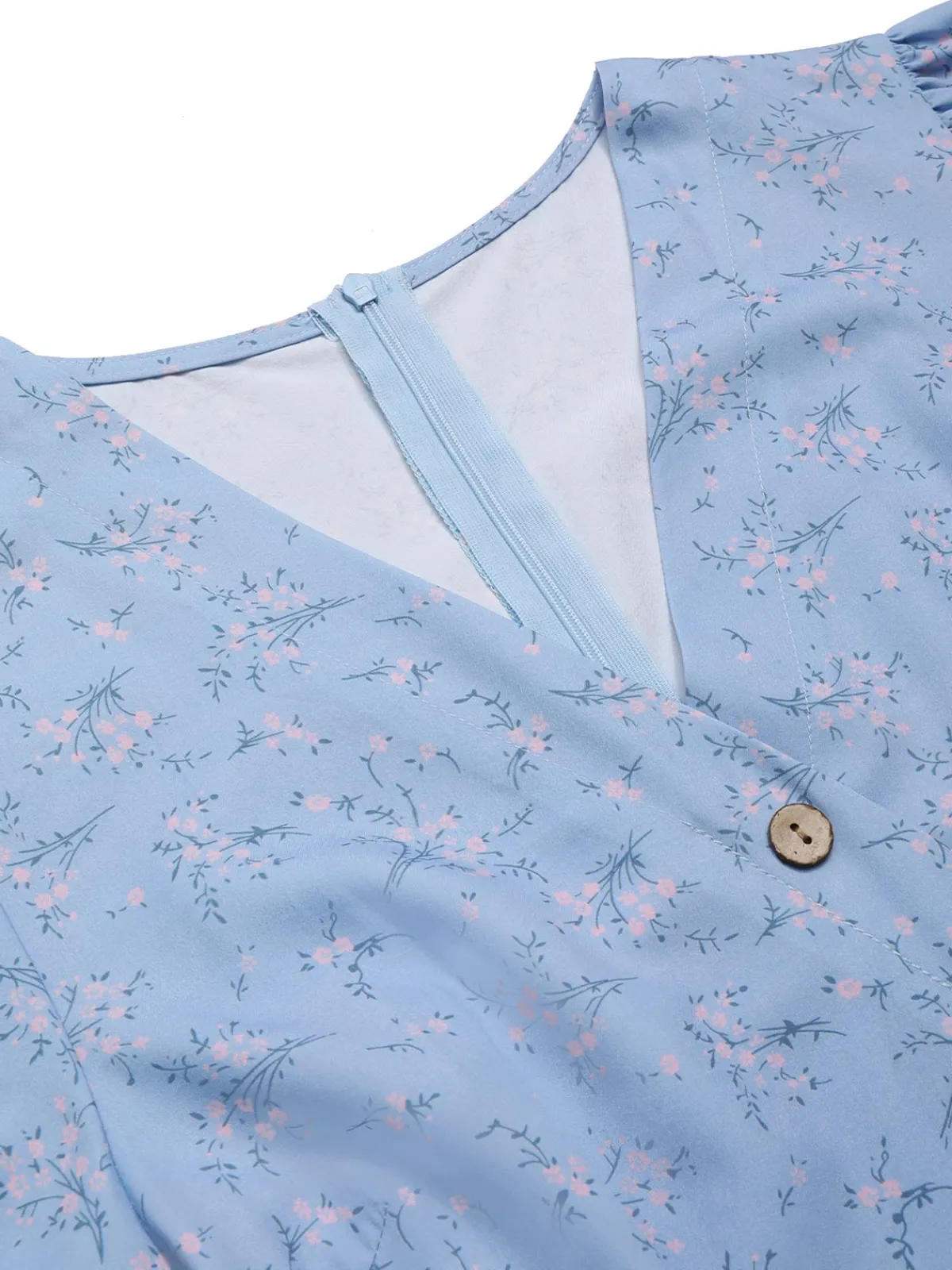 Clearance Retro Stage Blue 1940s Floral V-Neck Added Button Dress