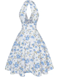 Clearance Retro Stage Blue 1950s Floral V-Neck Dress