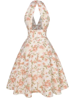 Clearance Retro Stage Blue 1950s Floral V-Neck Dress
