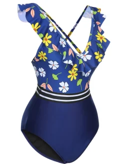 Online Retro Stage 1970s Flowers Patchwork One-Piece Swimsuit Blue