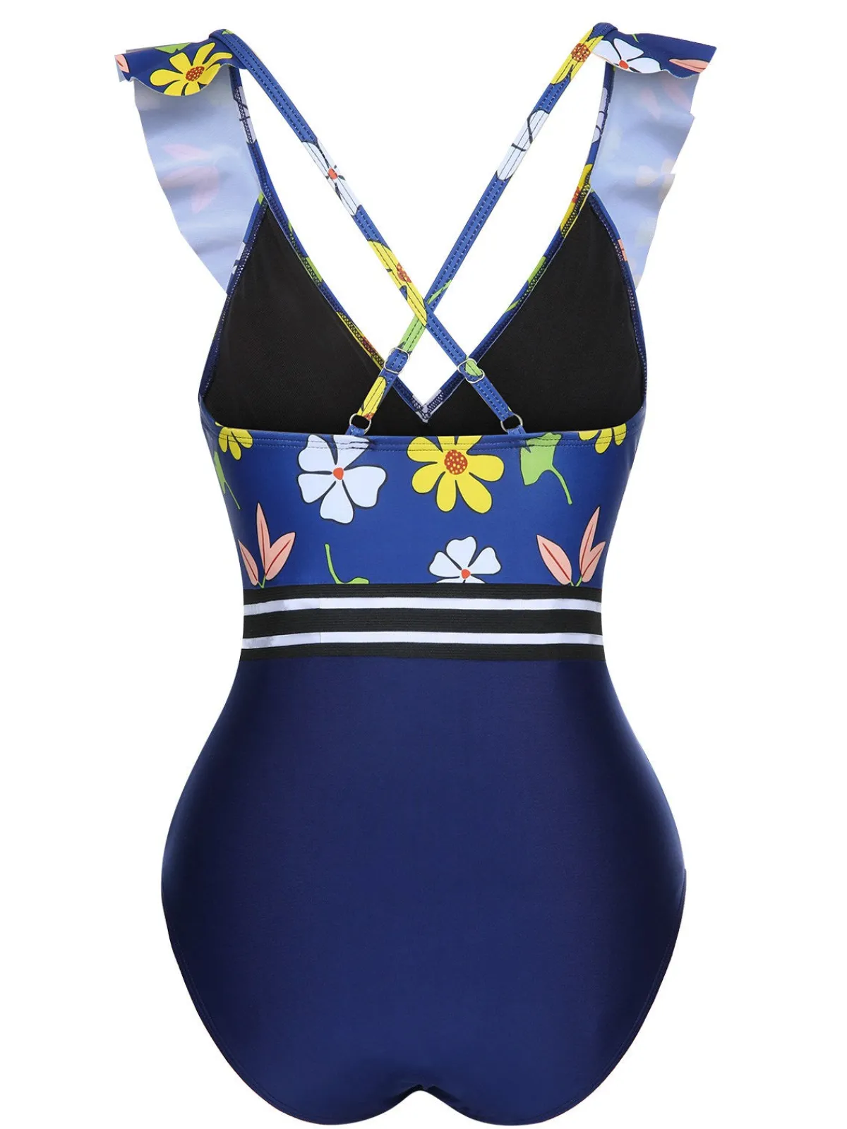 Online Retro Stage 1970s Flowers Patchwork One-Piece Swimsuit Blue