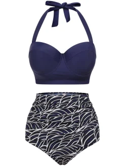 Fashion Retro Stage 1940s Geometry Pleated Halter Swimsuit Blue
