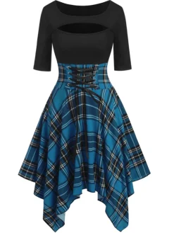 Fashion Retro Stage 1950s Gingham Patchwork Dress Blue