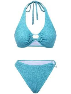 Fashion Retro Stage 1970s Glitter Heart Hollow Bikini Set Blue