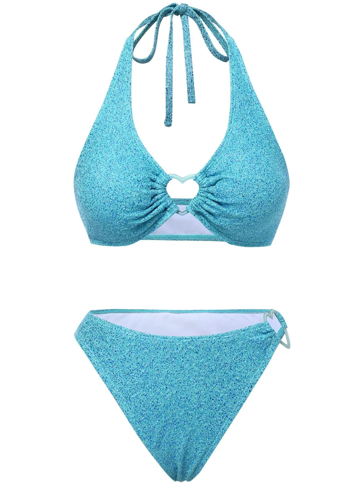 Fashion Retro Stage 1970s Glitter Heart Hollow Bikini Set Blue
