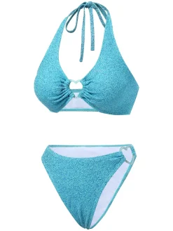 Fashion Retro Stage 1970s Glitter Heart Hollow Bikini Set Blue