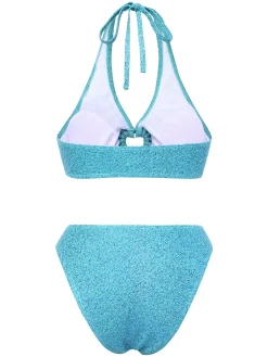 Fashion Retro Stage 1970s Glitter Heart Hollow Bikini Set Blue