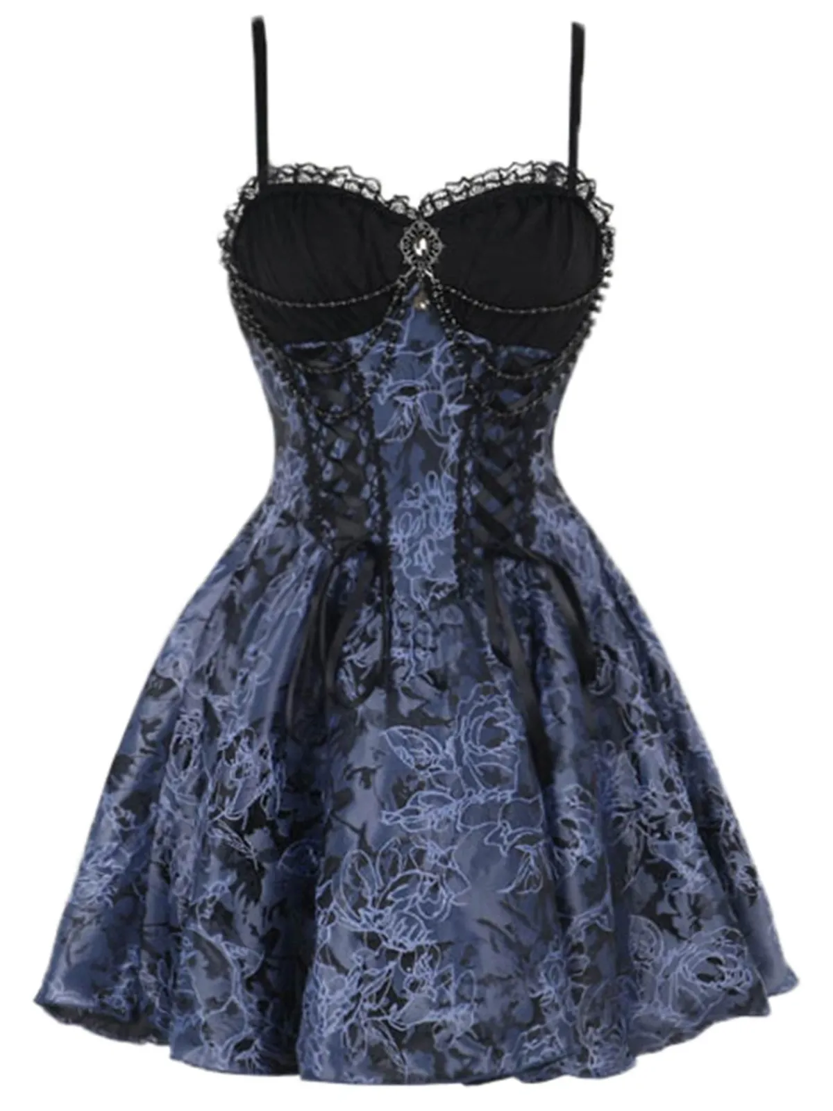 Fashion Retro Stage 1980s Gothic Steampunk Floral Print Lace Patchwork Bubble Dress Blue