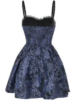 Fashion Retro Stage 1980s Gothic Steampunk Floral Print Lace Patchwork Bubble Dress Blue