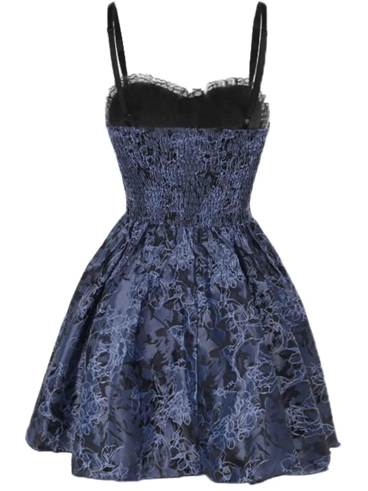 Fashion Retro Stage 1980s Gothic Steampunk Floral Print Lace Patchwork Bubble Dress Blue