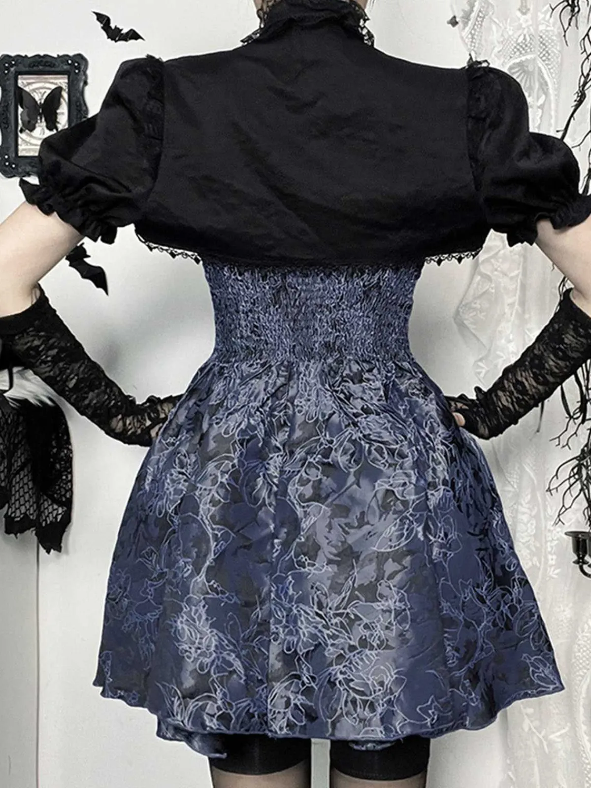 Fashion Retro Stage 1980s Gothic Steampunk Floral Print Lace Patchwork Bubble Dress Blue