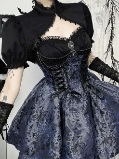 Fashion Retro Stage 1980s Gothic Steampunk Floral Print Lace Patchwork Bubble Dress Blue