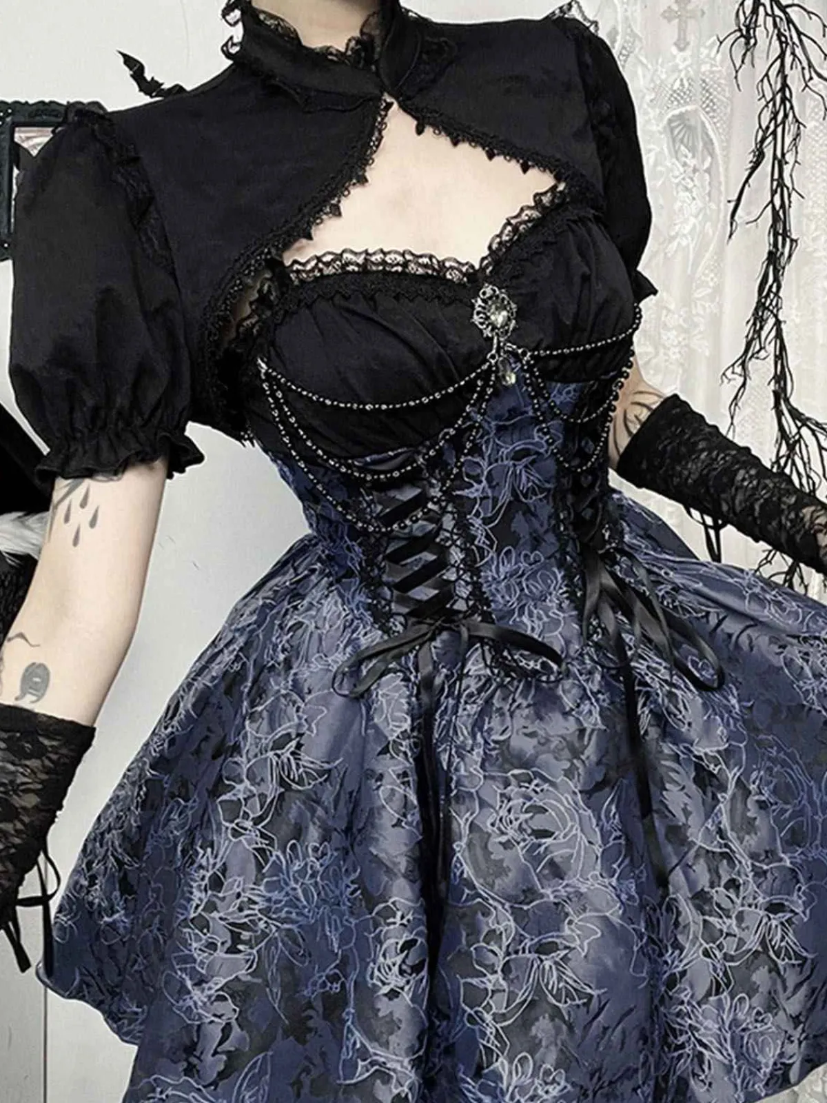 Fashion Retro Stage 1980s Gothic Steampunk Floral Print Lace Patchwork Bubble Dress Blue