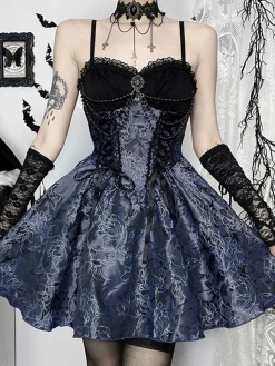 Fashion Retro Stage 1980s Gothic Steampunk Floral Print Lace Patchwork Bubble Dress Blue