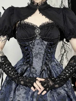 Fashion Retro Stage 1980s Gothic Steampunk Floral Print Lace Patchwork Bubble Dress Blue