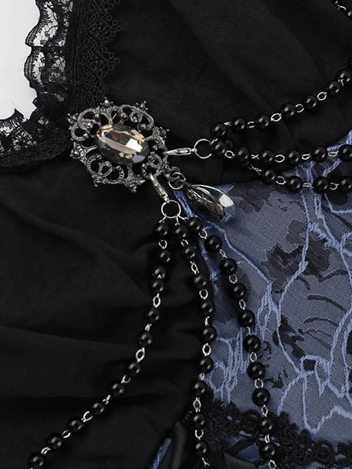 Fashion Retro Stage 1980s Gothic Steampunk Floral Print Lace Patchwork Bubble Dress Blue
