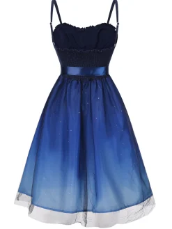 Online Retro Stage 1950s Gradient Mesh Waist Smocked Dress Blue
