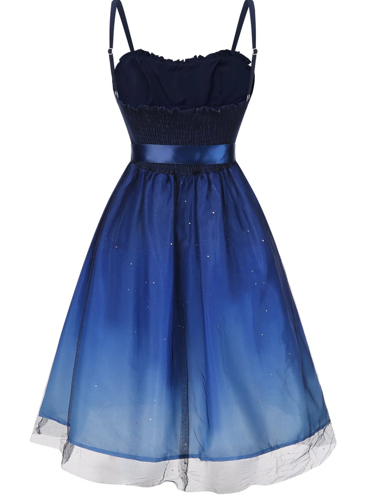 Online Retro Stage 1950s Gradient Mesh Waist Smocked Dress Blue