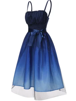 Online Retro Stage 1950s Gradient Mesh Waist Smocked Dress Blue