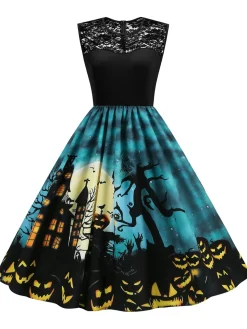 Online Retro Stage 1950s Halloween Lace Patchwork Dress Blue