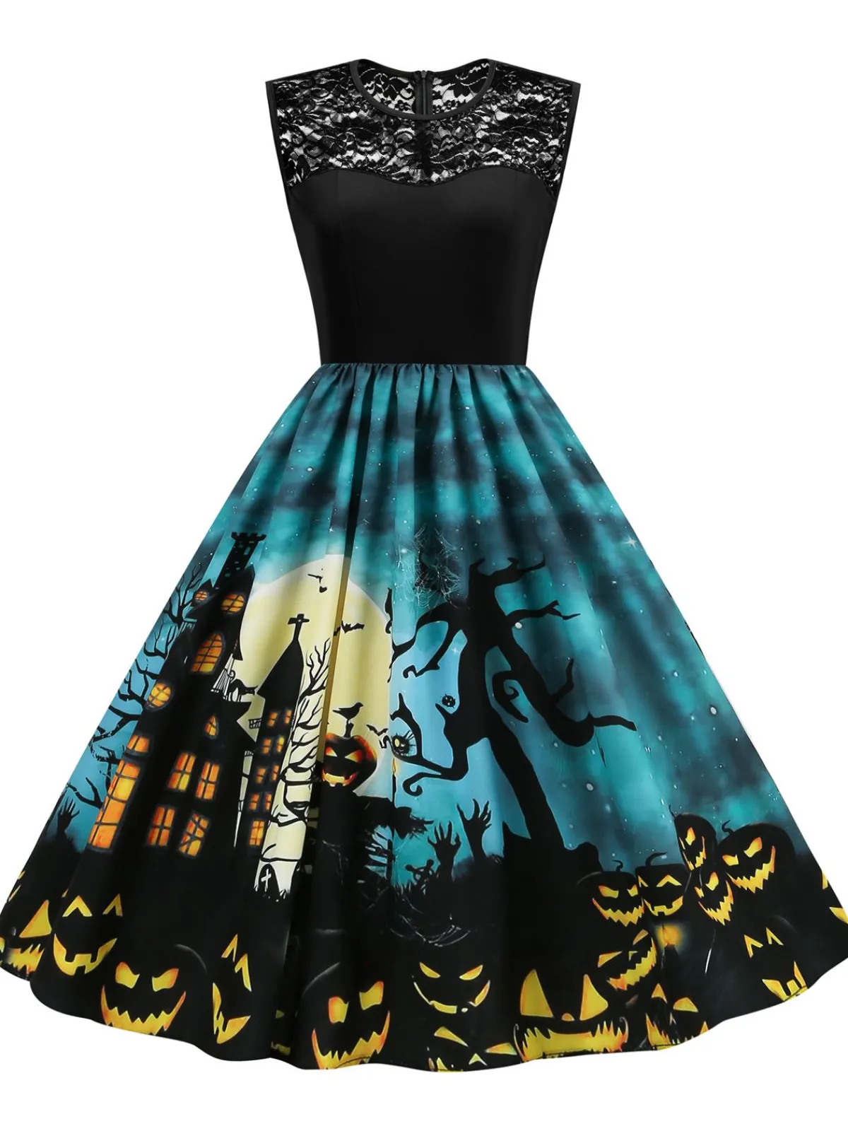 Online Retro Stage 1950s Halloween Lace Patchwork Dress Blue