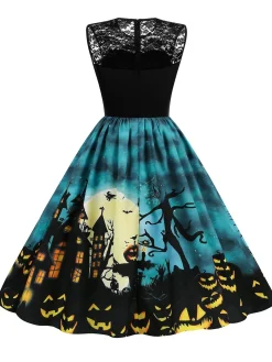 Online Retro Stage 1950s Halloween Lace Patchwork Dress Blue