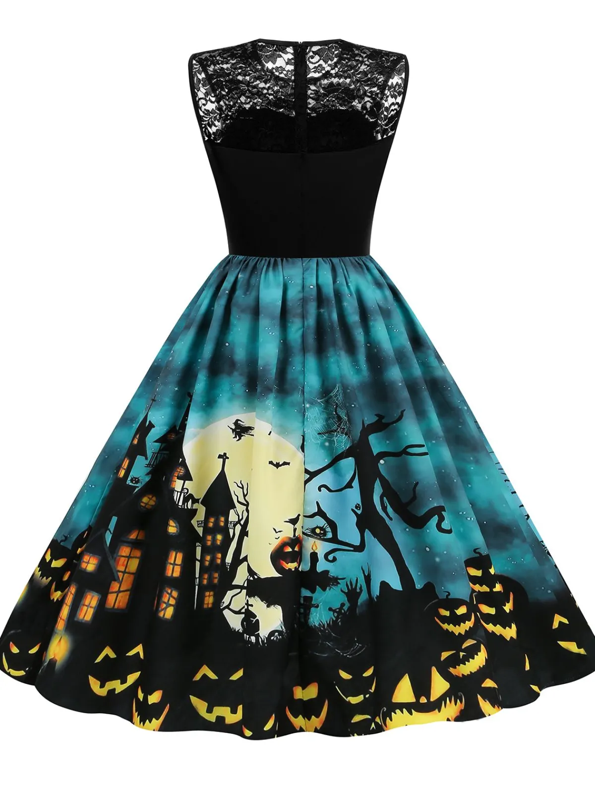 Online Retro Stage 1950s Halloween Lace Patchwork Dress Blue