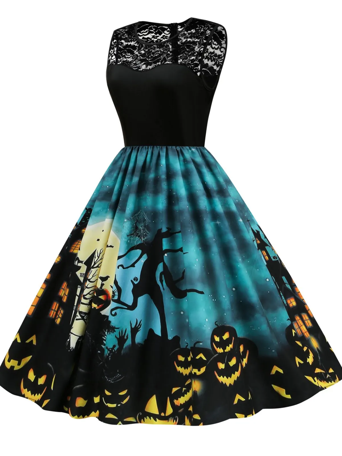 Online Retro Stage 1950s Halloween Lace Patchwork Dress Blue