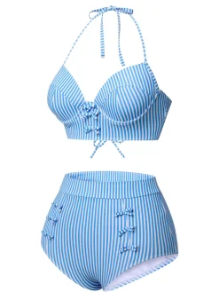 Best Retro Stage 1950s Halter Bow Stripes Swimsuit Blue