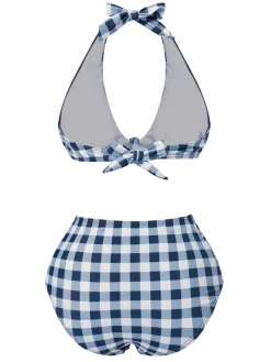 Hot Retro Stage 1950s Halter High-Waist Plaids Swimsuit Blue