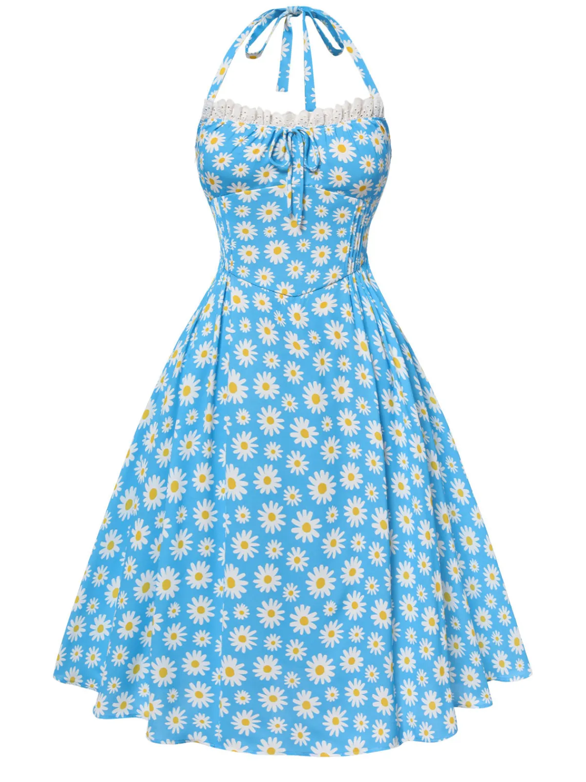 Outlet Retro Stage 1950s Halter Lace Daisy Dress Blue