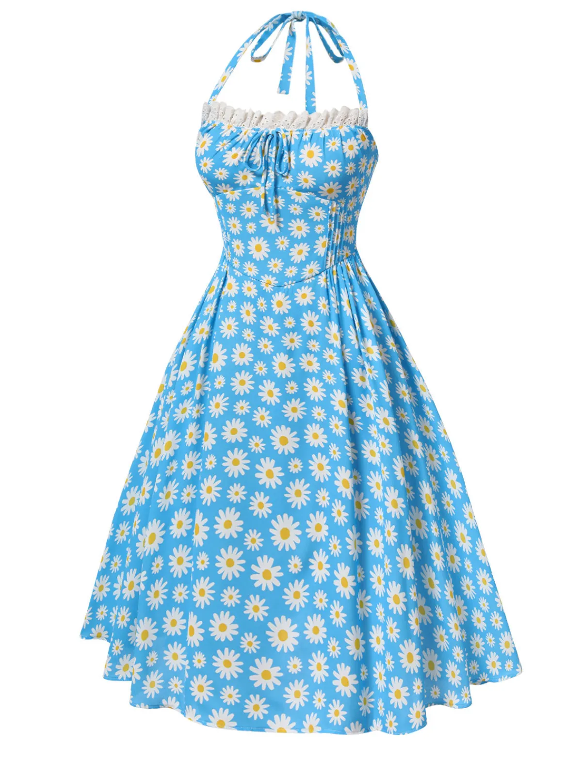 Outlet Retro Stage 1950s Halter Lace Daisy Dress Blue